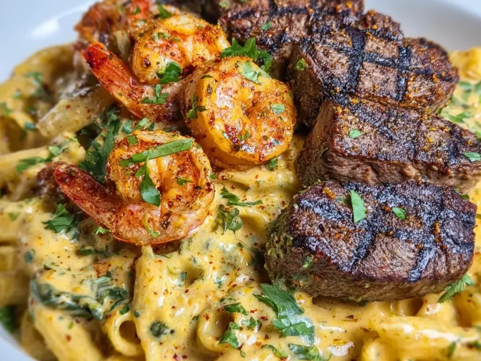 A wide white bowl of fettuccine in an orange-tinted cream sauce with wilted greens, topped with seared steak medallions and tail-on blackened shrimp, finished with parsley and red pepper flakes