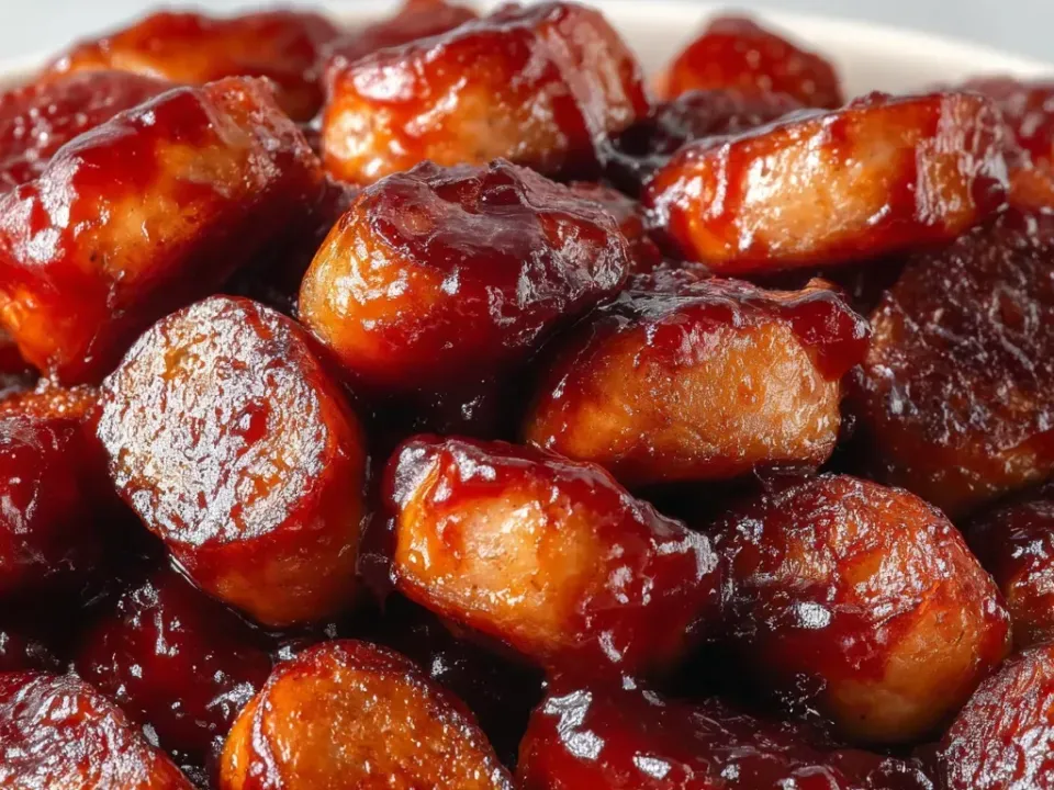 Sausage pieces coated in a thick dark red glossy barbecue sauce in a white bowl, with some cut faces still showing pale sausage