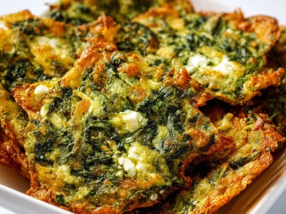 Thin deep-golden crisps of spinach and feta broken into irregular shards in a white square bowl, densely green and studded with white feta crumbles
