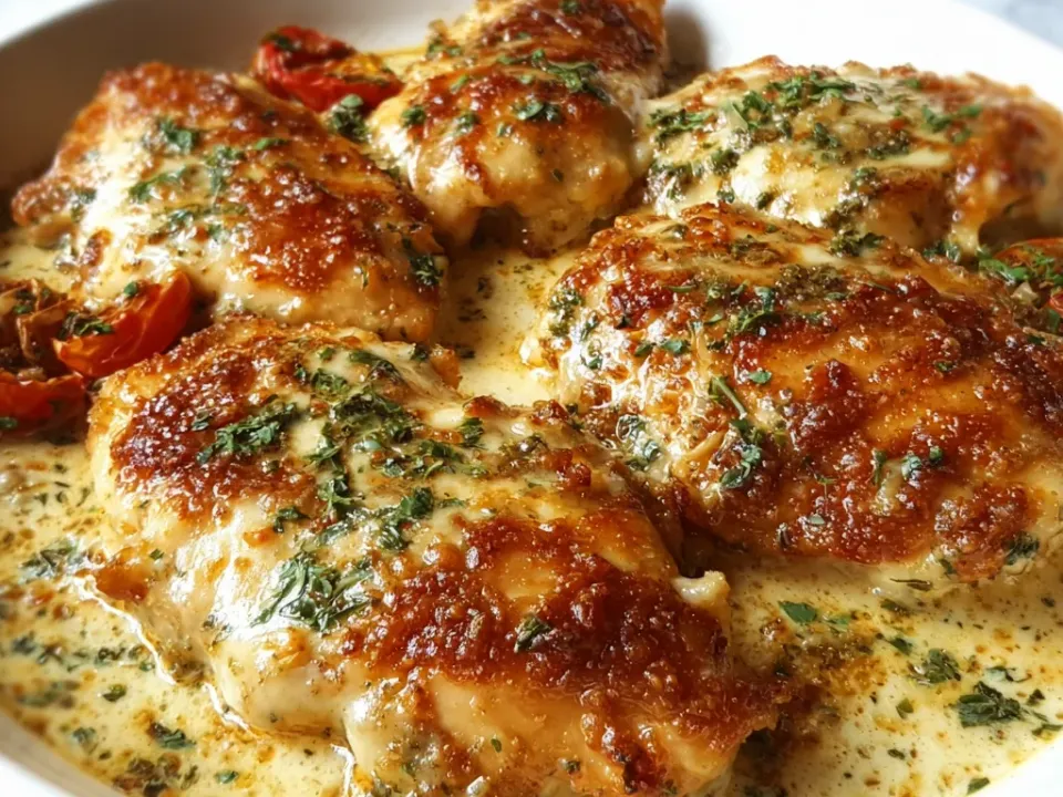 Whole browned chicken thighs in a creamy Parmesan sauce with visible sun-dried tomato pieces and herbs in a white dish