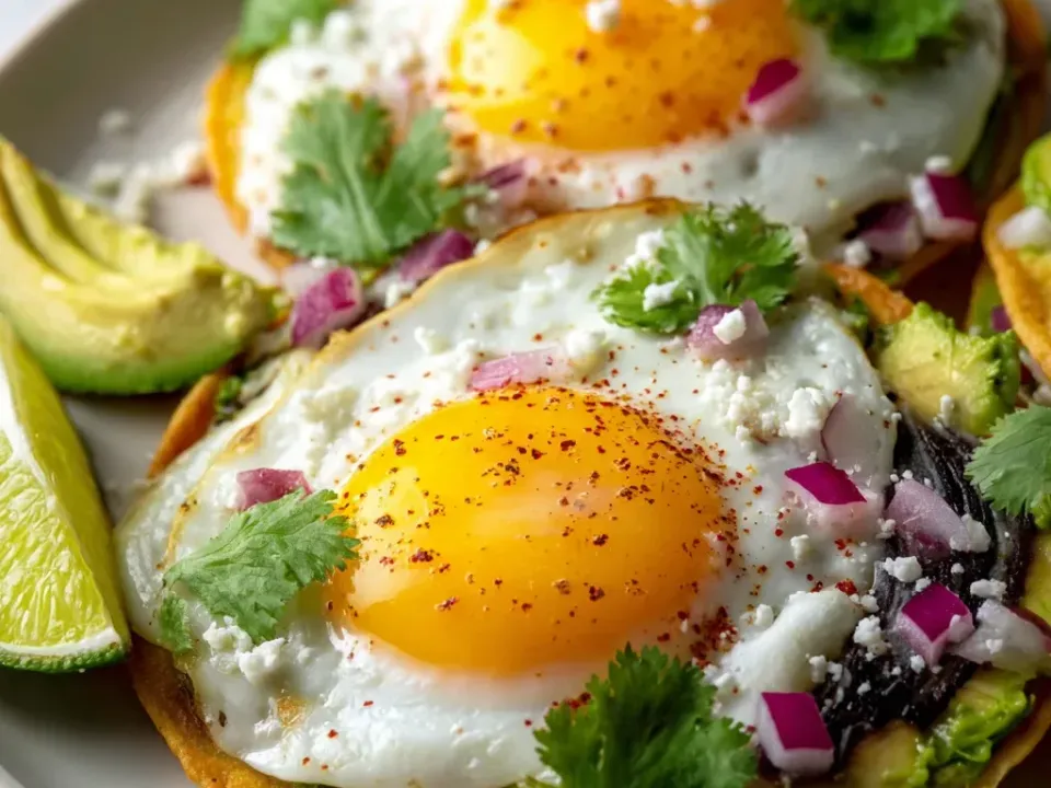 Two crisp corn tostada shells spread with mashed avocado, each topped with a fried egg with a bright soft yolk dusted with chili flakes, crumbled white cheese, diced red onion and cilantro