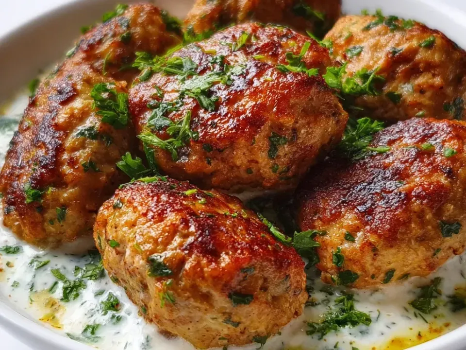 Browned oblong chicken kofta with a deep crusted surface in a white garlic-yogurt sauce in a white dish, heavily scattered with parsley and drizzled with chilli oil