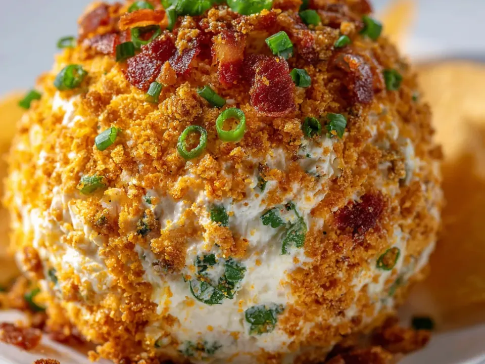 A large ball of white cream-cheese mixture flecked with green, rolled in a coarse golden crumb coating studded with crisp bacon pieces and sliced green onion, with potato crisps behind