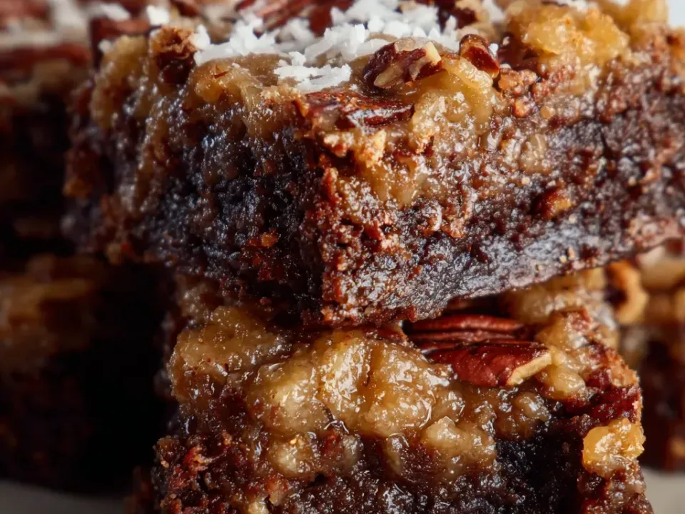 Thick dense dark brownie squares stacked, each topped with a sticky caramel-coloured coconut-and-pecan frosting studded with whole pecan halves and scattered with shredded coconut
