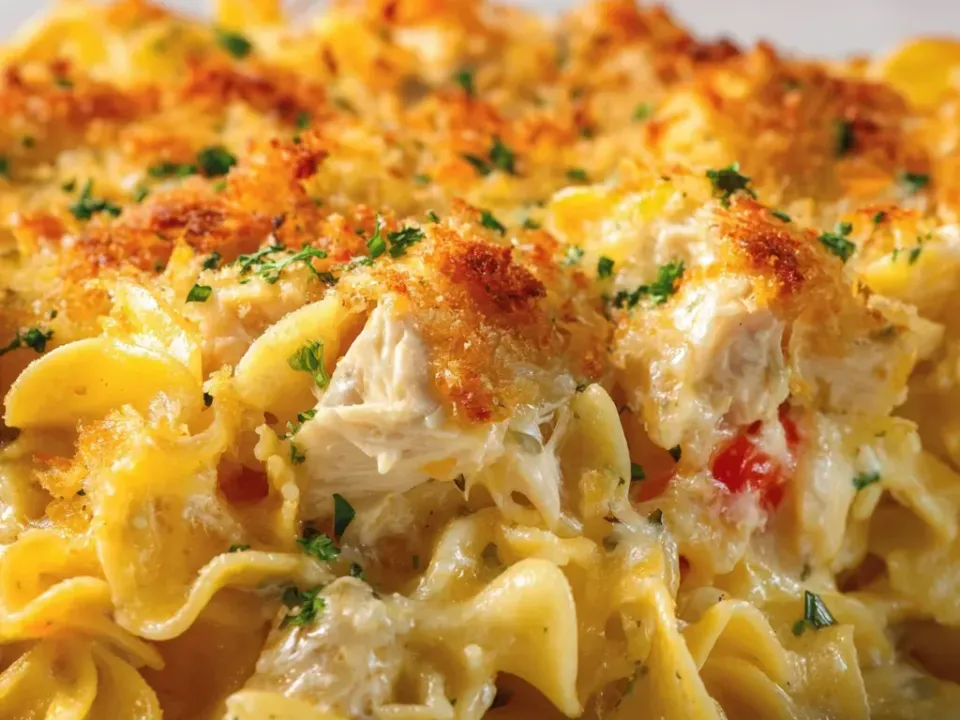 A serving of wide egg noodles in a creamy pale-yellow cheese sauce with shredded chicken and small red pieces under a golden breadcrumb crust, with parsley