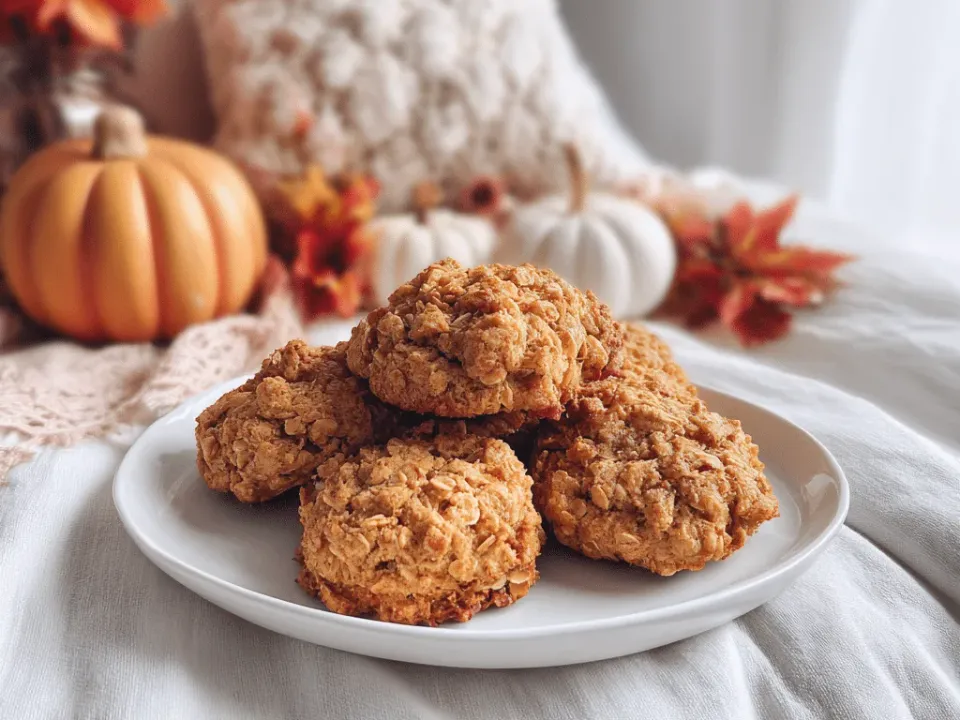 Four craggy pumpkin oat cookies with whole oats visible on their surfaces, stacked on a white plate beside small pumpkins