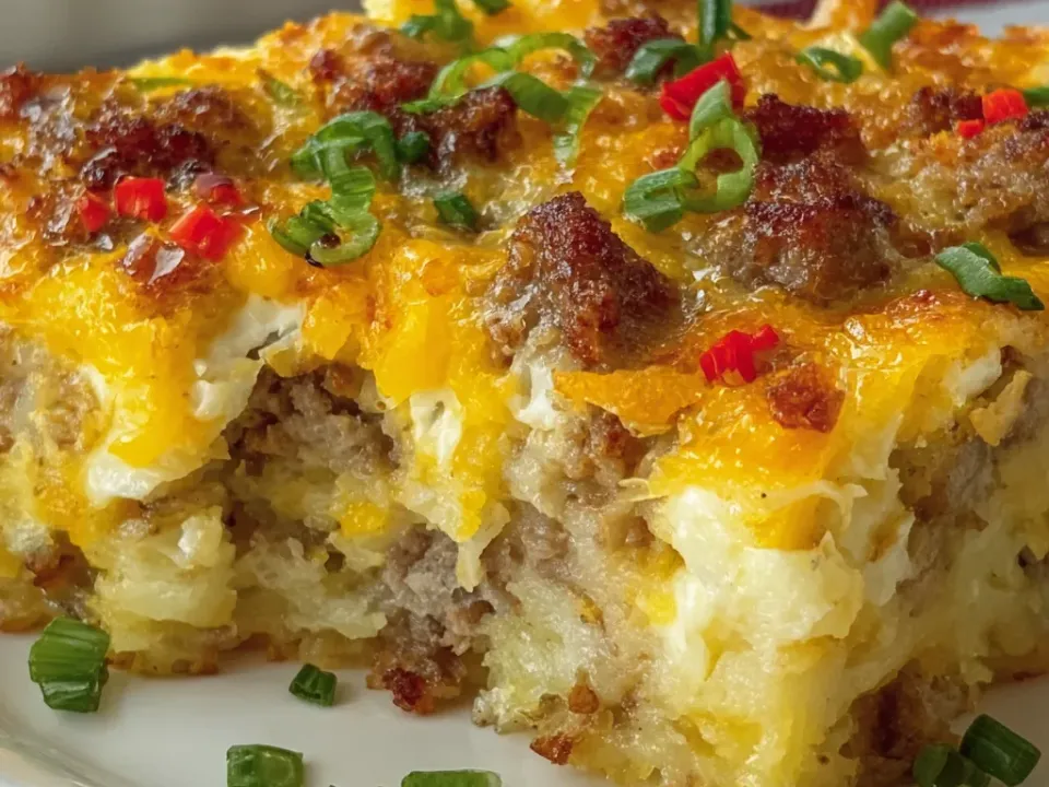 A cut square of breakfast casserole showing browned sausage through set egg and shredded potato under melted cheddar, topped with sliced spring onion