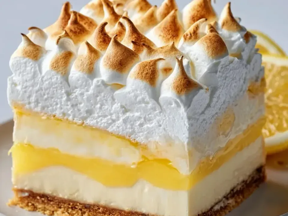 A tall square slice with a graham crust, a pale cheesecake layer, a bright yellow lemon curd layer and a thick top of torched meringue peaks, with lemon slices behind