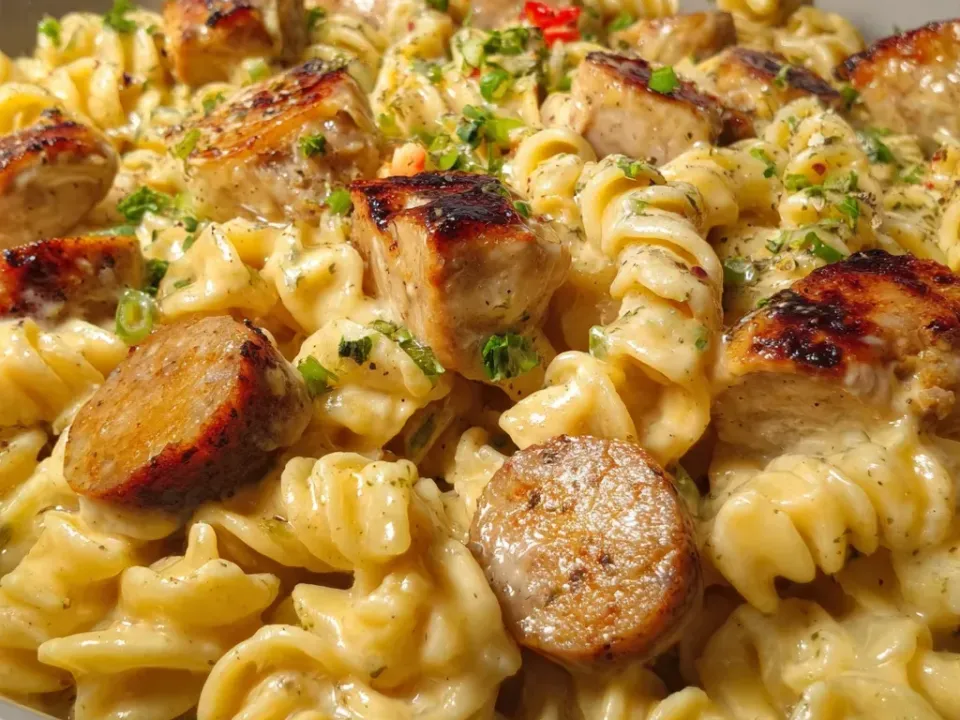 Rotini in a thick pale yellow pepper jack sauce with seared chicken cubes and browned smoked sausage rounds, topped with sliced green onion, parsley and red pepper flakes