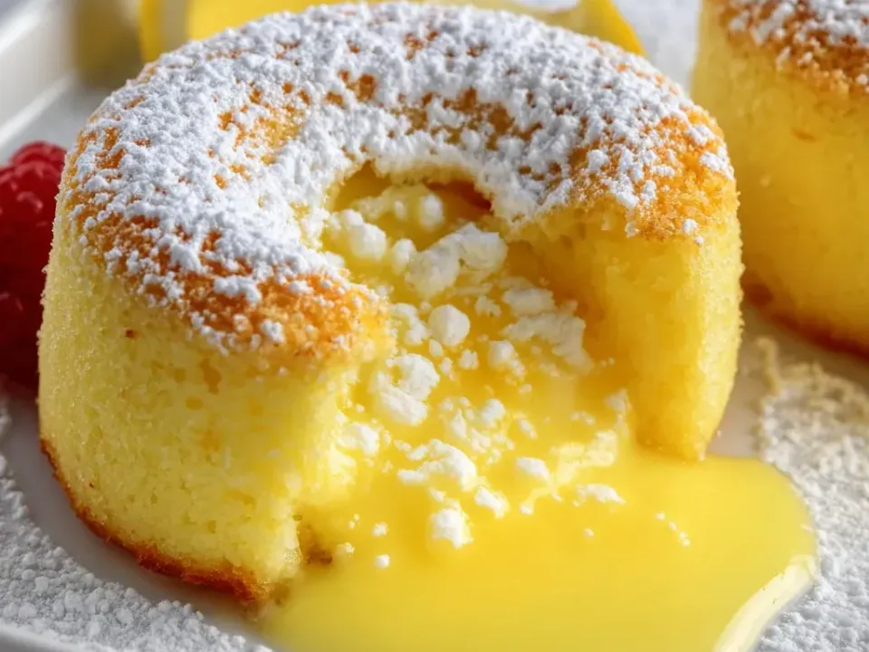 An individual golden cake dusted with powdered sugar, broken open with bright yellow lemon curd flowing out, with lemon slices and a raspberry