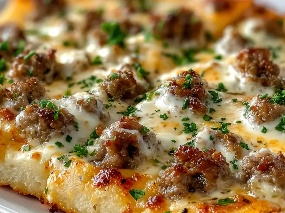 A biscuit-dough breakfast pizza spread with white sausage gravy and topped with browned sausage crumbles, melted cheese and chopped chives, cut into squares