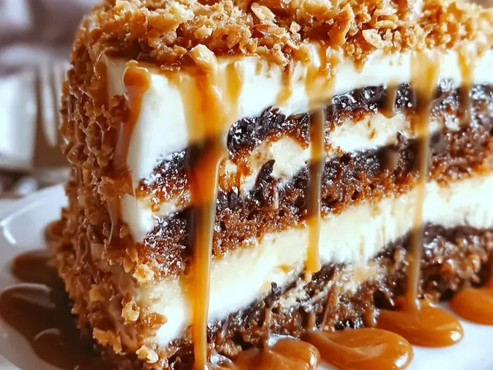A tall slice of layer cake with dark brown layers alternating with thick white cream, coated top and sides in coarse golden toffee crunch, with amber caramel poured over and pooling