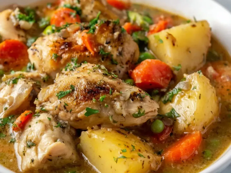 Bowl of slow cooker chicken stew with potatoes, carrots and peas in a thick broth