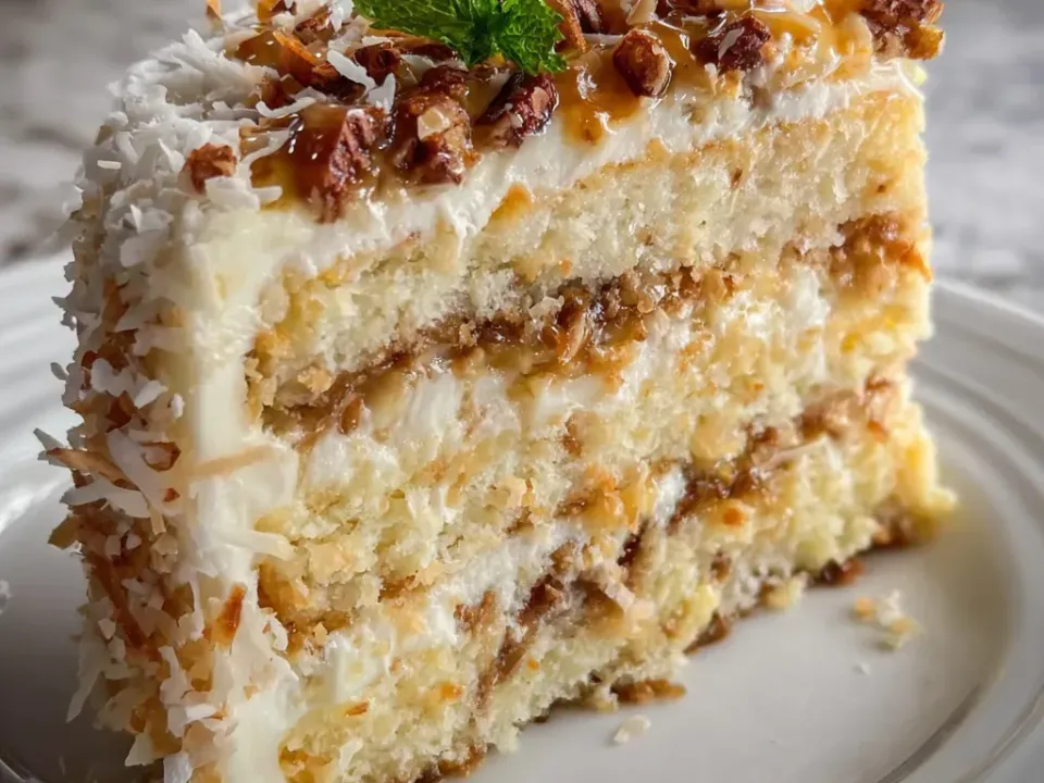 A tall slice of pale white layer cake with caramel coconut-pecan filling between the layers and on top, sides coated in white frosting and shredded coconut, with a mint leaf