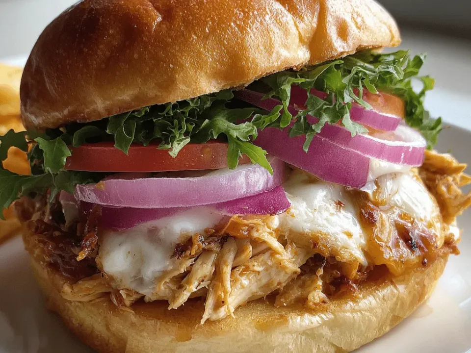 Shredded chicken in a white creamy sauce piled on a brioche bun with red onion rings, tomato slices and frilly lettuce