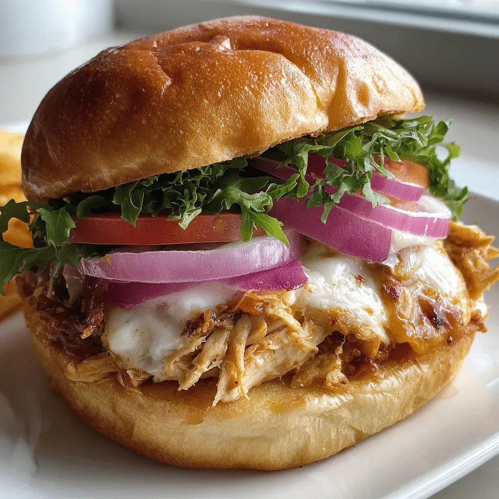 Shredded chicken in a white creamy sauce piled on a brioche bun with red onion rings, tomato slices and frilly lettuce
