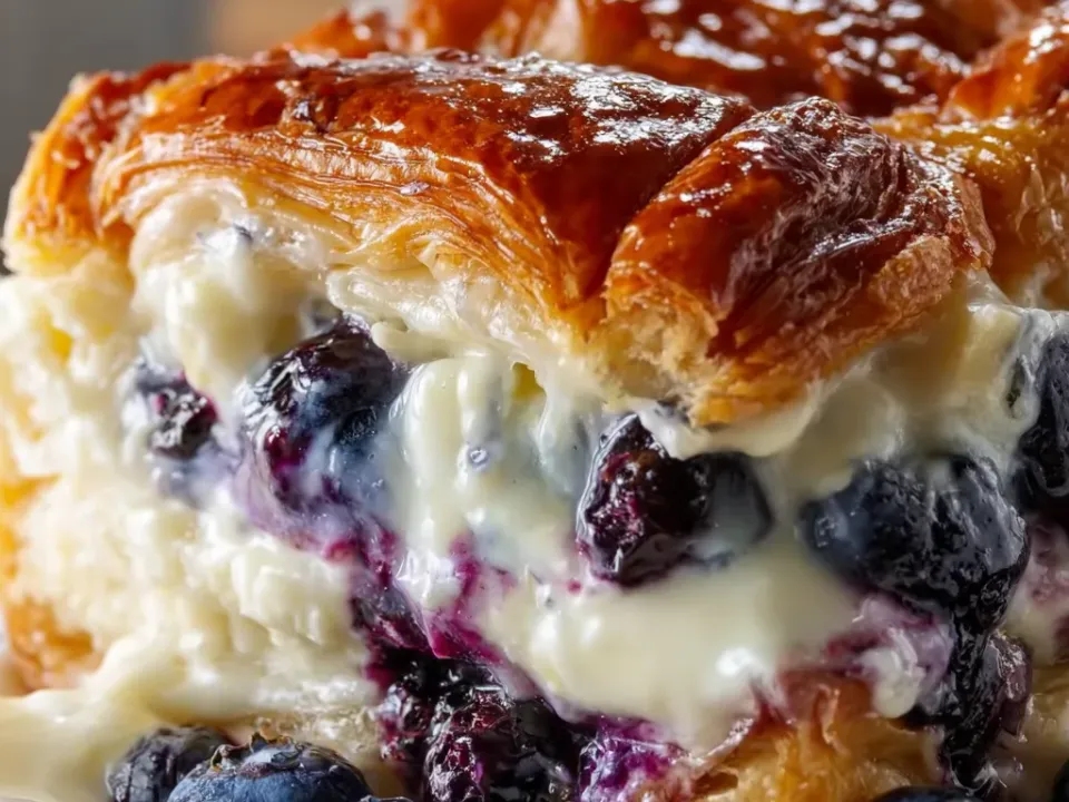 A thick slice of croissant casserole on a white plate showing laminated croissant layers, whole blueberries and a thick cream-cheese custard