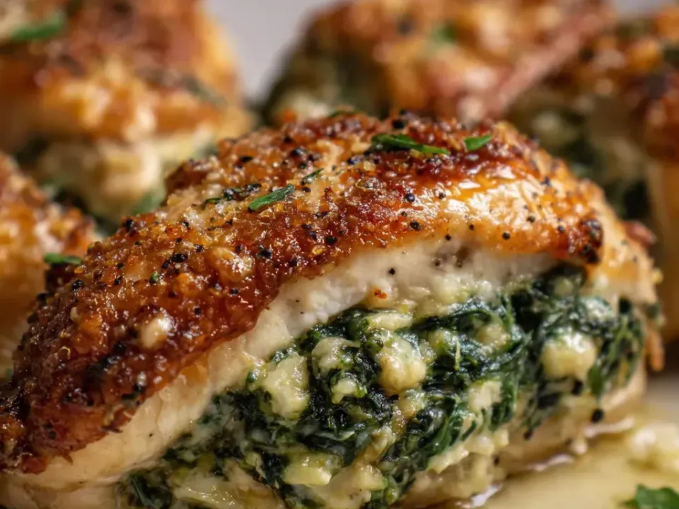 Chicken breasts with a golden crumbed and cheese-crusted top on a white plate, cut open to show a creamy spinach filling, sitting in a pale buttery sauce
