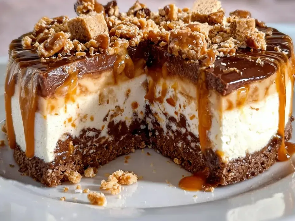 A cheesecake on a dark chocolate cookie crust with a toffee-flecked pale filling, a glossy chocolate top, caramel running down the sides and large toffee chunks piled on top