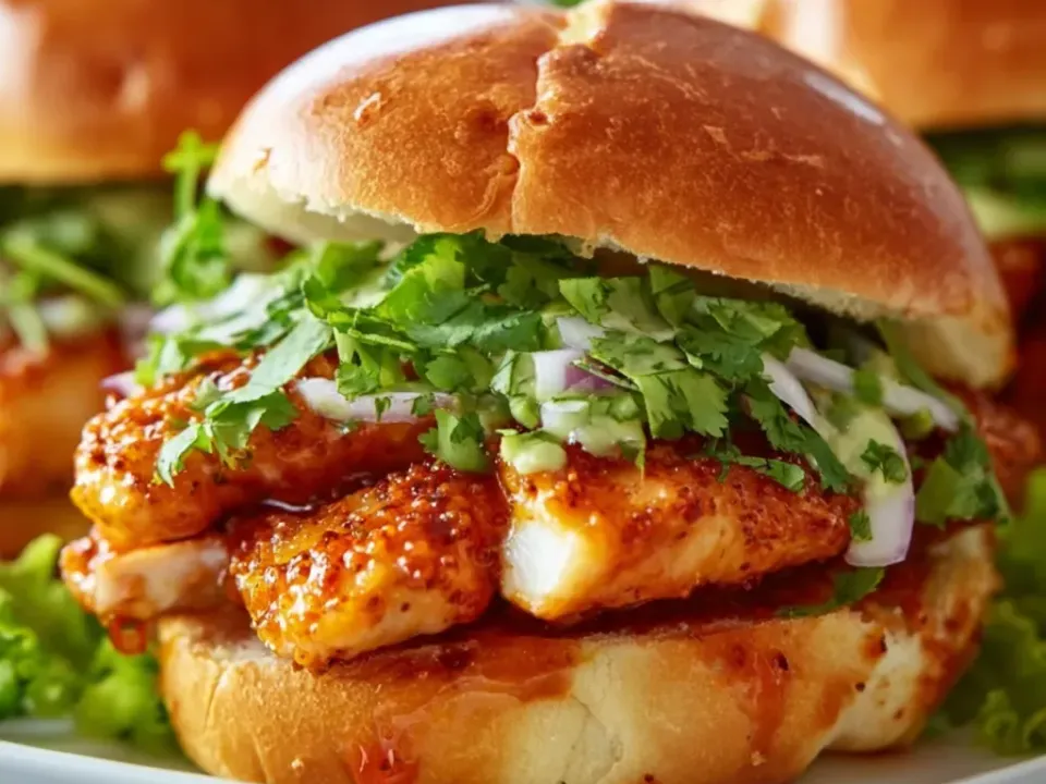 Soft golden brioche buns holding chicken with a glossy red-orange spiced crust, a heavy pile of fresh coriander, thin-sliced red onion, a pale green creamy sauce and lettuce