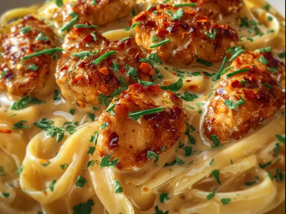 Browned spice-flecked chicken pieces on wide flat fettuccine in a thick pale ivory cream sauce, scattered with red chilli flakes and chopped parsley in a white bowl