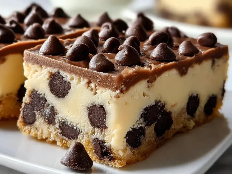 Cheesecake bars with a golden chocolate-chip cookie base, a pale cheesecake layer studded with chips and a thin tan chocolate layer set with whole chips, a glass of milk behind