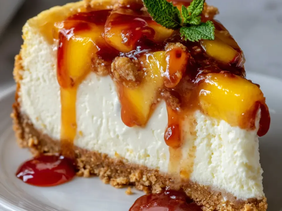 A wedge of baked cheesecake with a pale dense filling on a golden crumb base, topped with glossy peach slices, dark red-amber syrup running onto the plate, crumble clusters and mint