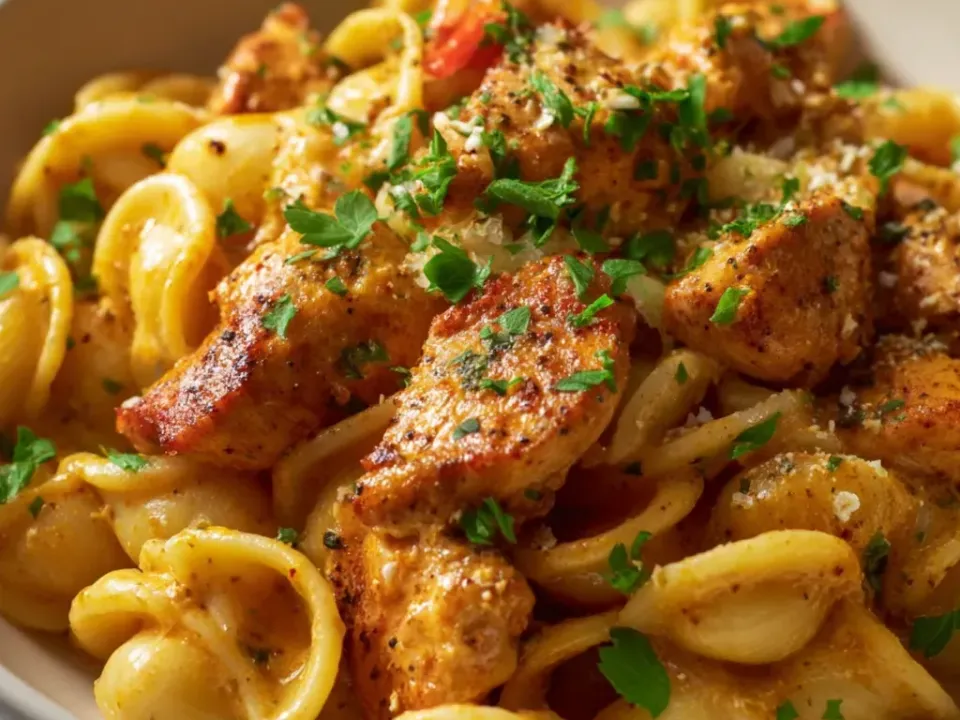 Shell pasta in a thin golden-orange creamy sauce with browned Cajun chicken pieces, grated Parmesan, cracked pepper and parsley in a pale bowl