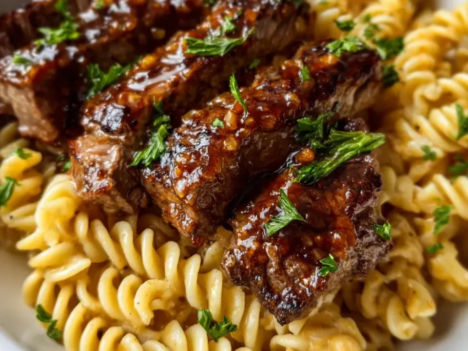 Thick strips of dark caramelised glazed steak over pale rotini in a light creamy coating in a white bowl, scattered with parsley