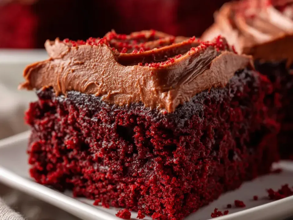 A thick square of deep red fudgy brownie under a swirl of chocolate frosting, dusted with red crumbs