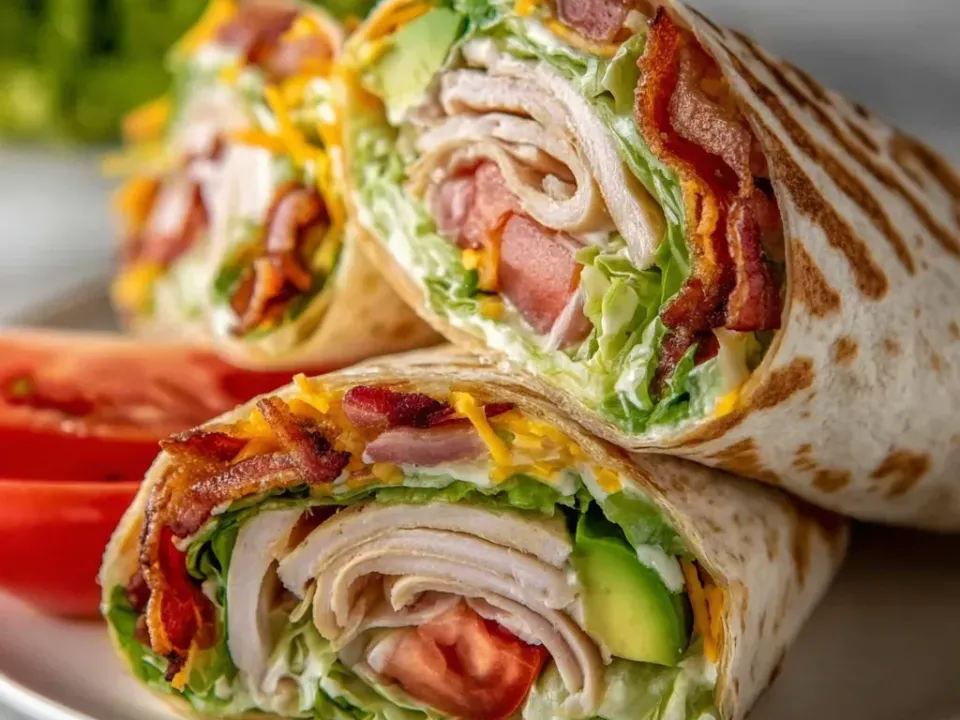 Flour tortilla wraps cut across and stacked, filled with sliced deli turkey, crisp bacon, shredded orange cheddar, shredded lettuce, tomato and avocado slices in a creamy spread