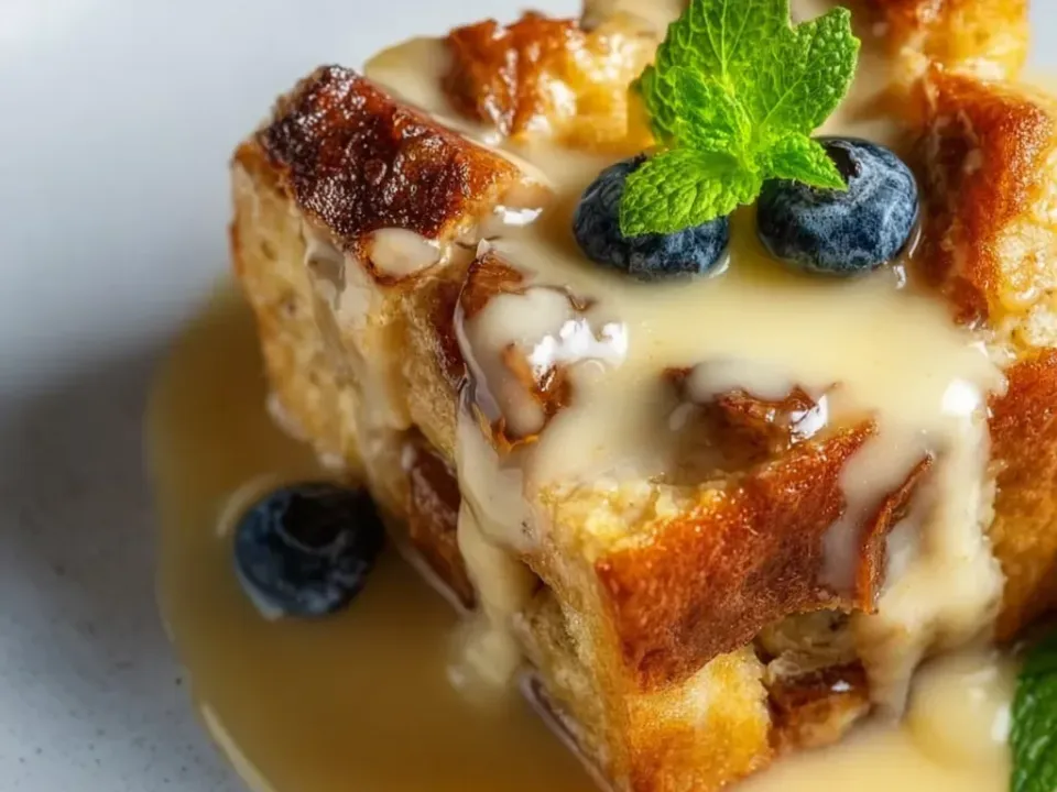 A square of golden, crusty baked bread pudding in a pool of pale vanilla custard sauce, garnished with fresh blueberries and mint