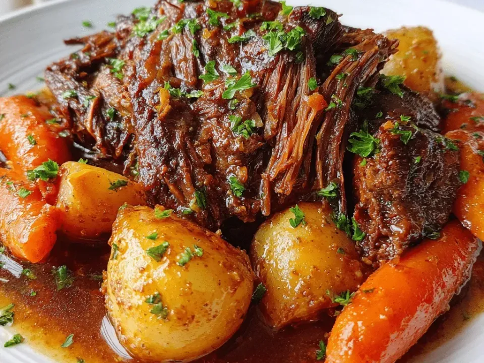 A whole braised beef pot roast deeply browned and pulling into strands at its edges, surrounded by whole soft golden potatoes and thick orange carrot batons in a thin brown gravy scattered with chopped parsley
