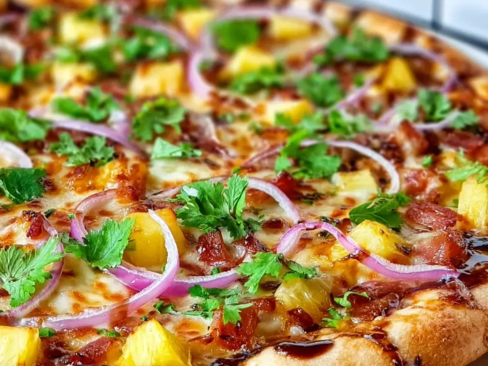 A round pizza with a puffed golden crust and melted cheese browned in spots, topped with pineapple chunks, diced ham, thin red onion rings, coriander and a barbecue sauce drizzle