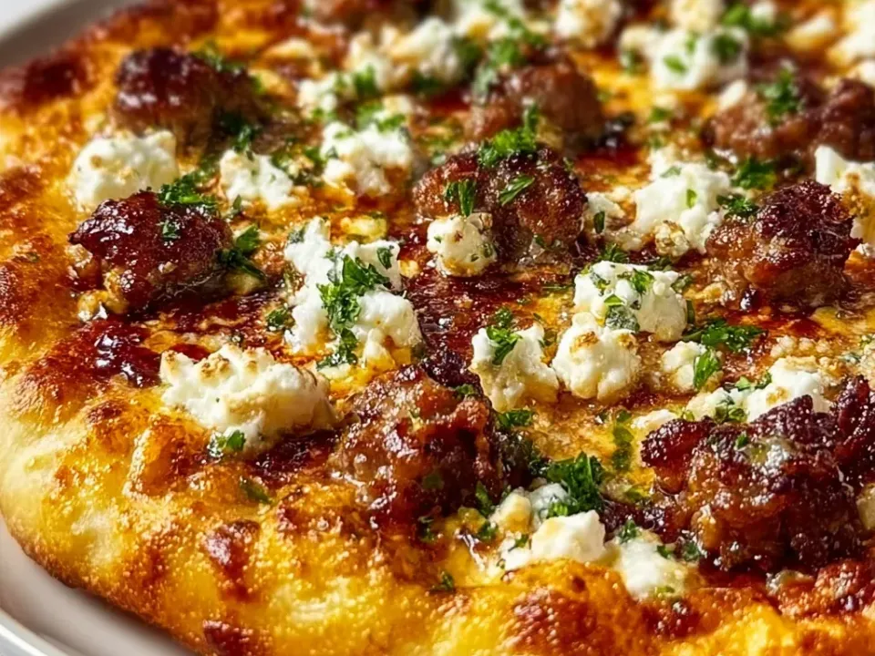 A round pizza with a puffed golden crust on a red tomato-sauce base with melted cheese browned in patches, dollops of white ricotta, browned crumbled sausage and chopped parsley