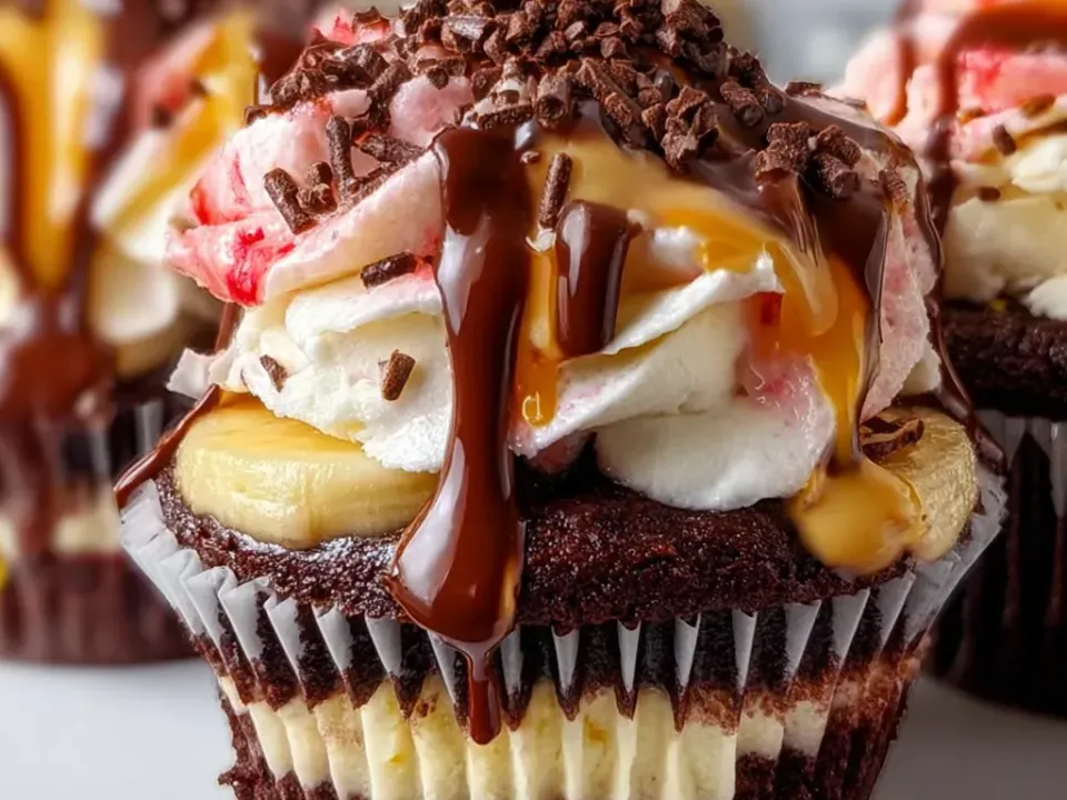 Dark chocolate cupcakes in fluted paper cases with a pale banana-coloured band visible, topped with white and pink cream swirls, fresh banana slices, caramel and chocolate drizzles and sprinkles