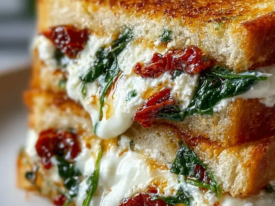 Two stacked halves of a griddled sandwich with deeply golden crusts, showing a thick white ricotta filling with wilted spinach and sun-dried tomato pieces at the cut edge