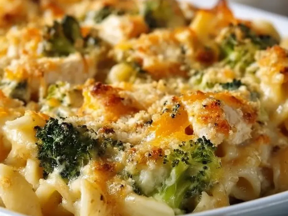 A bubbling cheddar noodle casserole with visible broccoli florets and a browned panko top