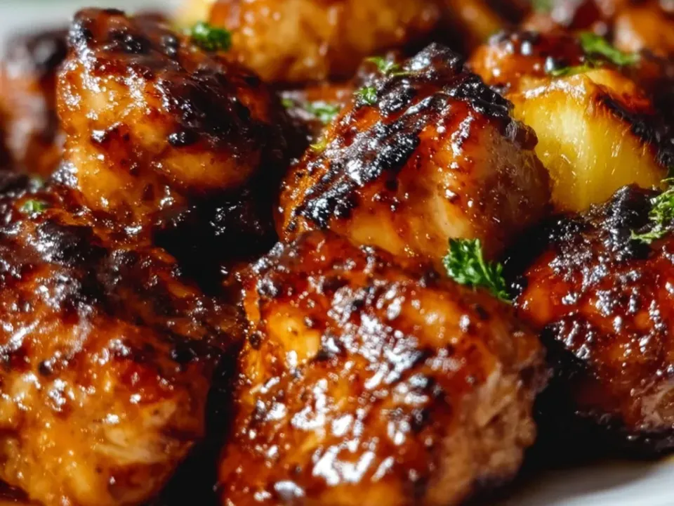 Dark caramelised glazed chicken pieces with charred edges on a white plate, with golden grilled pineapple chunks among them and small pieces of green herb