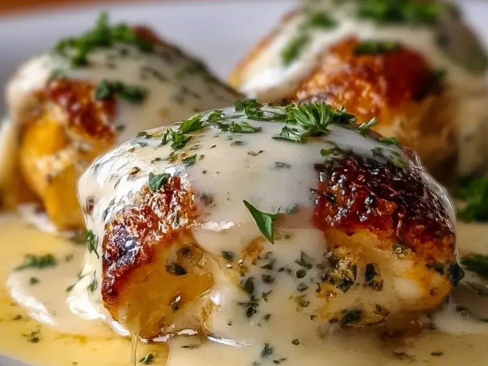 Browned stuffed chicken pastry parcels on a white plate under a pale garlic-Parmesan cream sauce flecked with parsley