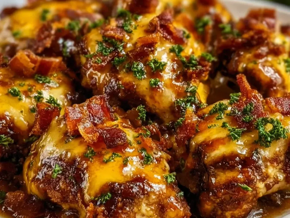 Chicken pieces on a white plate under melted cheddar and crisp chopped bacon in a dark glossy BBQ sauce, finished with parsley