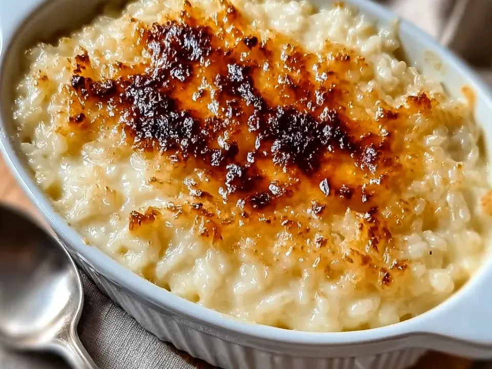 An oval white ceramic baking dish of thick creamy baked rice pudding with soft rice grains, its top caramelized in dark browned patches, a spoon beside it