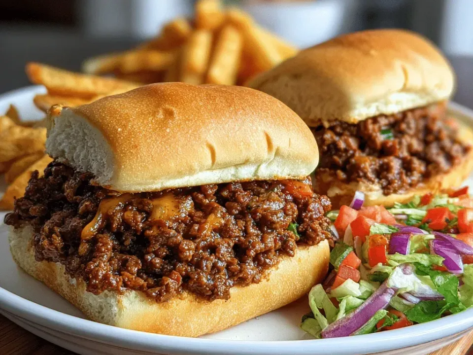 Soft white sub rolls filled with a thick browned ground beef mixture in a dark savoury sauce under melted orange cheddar, with French fries and a chopped salad alongside