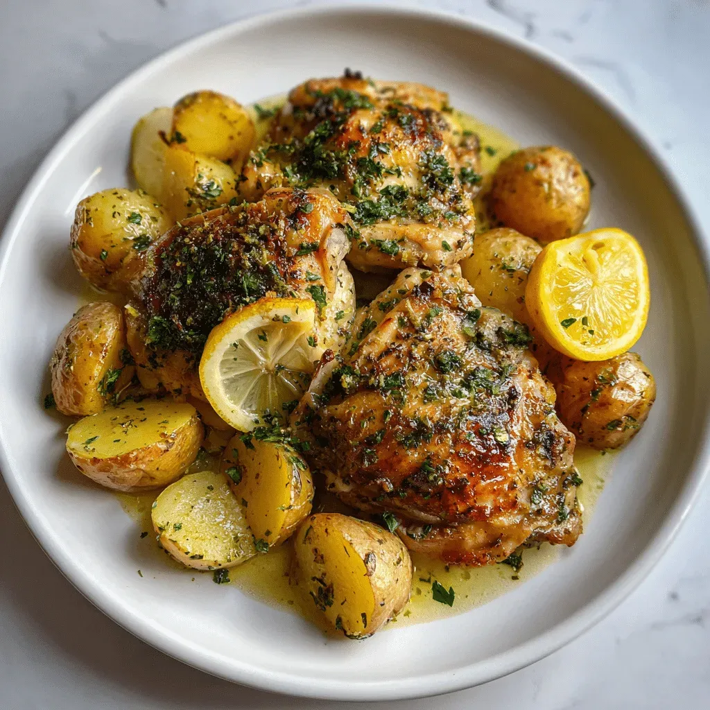 Overhead view of herb-crusted chicken thighs with halved baby potatoes and lemon slices on a white plate