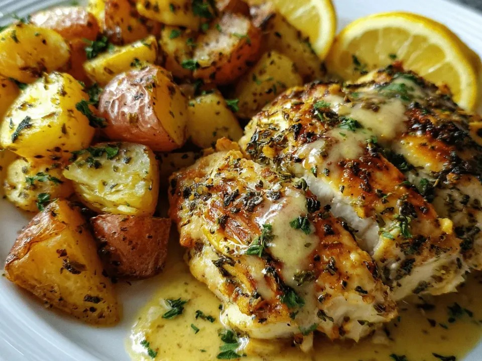 Slow cooker lemon garlic chicken and potatoes served in a ceramic bowl