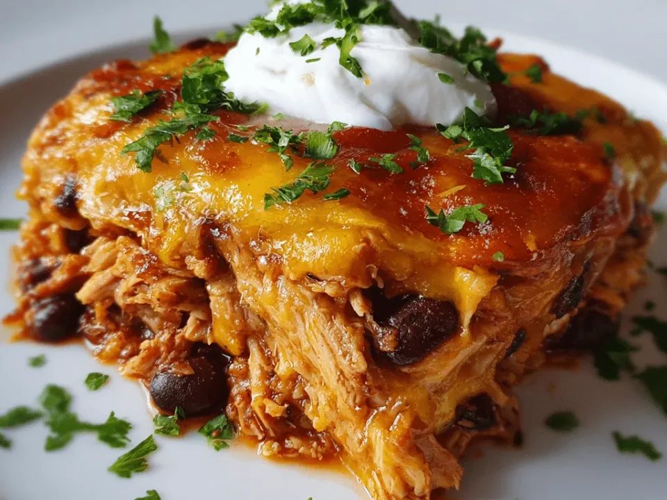 Slow cooker casserole of shredded chicken in red enchilada sauce with black beans, corn and melted cheese, topped with cilantro