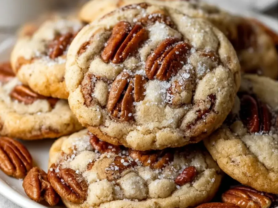 Thick golden drop cookies studded with chopped pecans and topped with pecan halves, with whole pecans scattered around