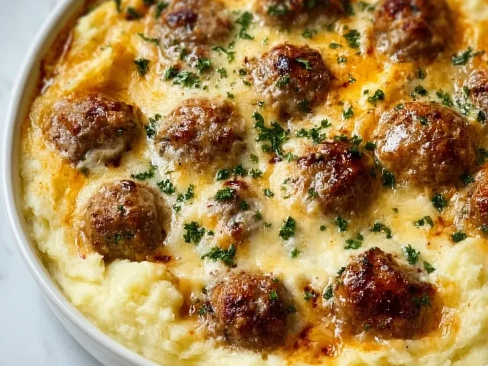 Browned meatballs pressed into a bed of mashed potato under melted, patchily browned cheese and a pale cream sauce, scattered with parsley, in a round white dish