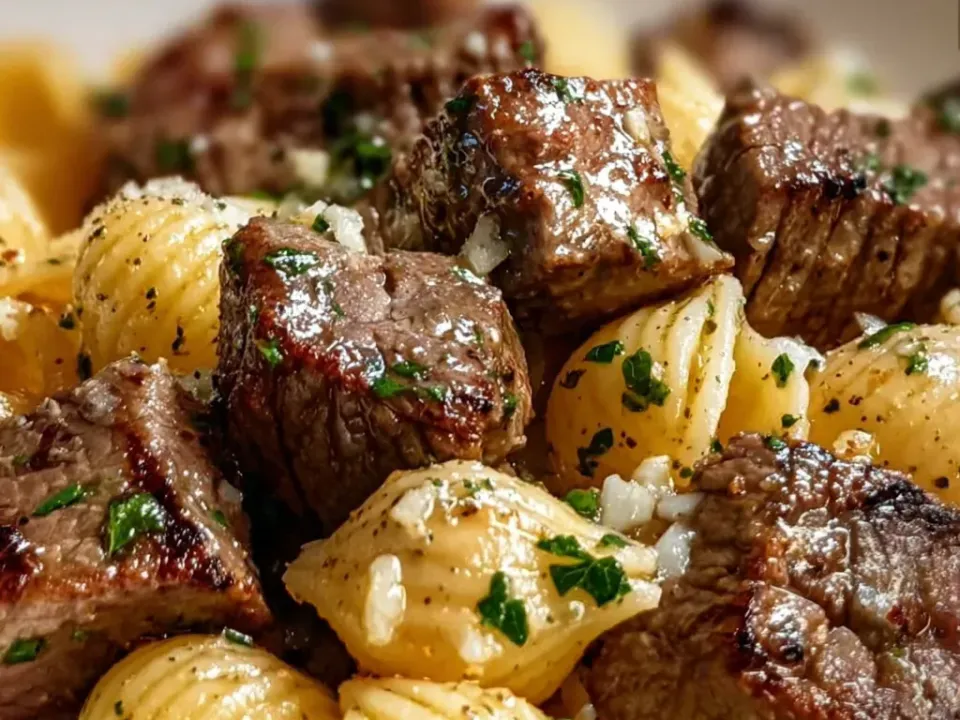 Cubes of browned steak and large pasta shells coated in a pale garlic butter with visible minced garlic and chopped parsley through it, in a white bowl