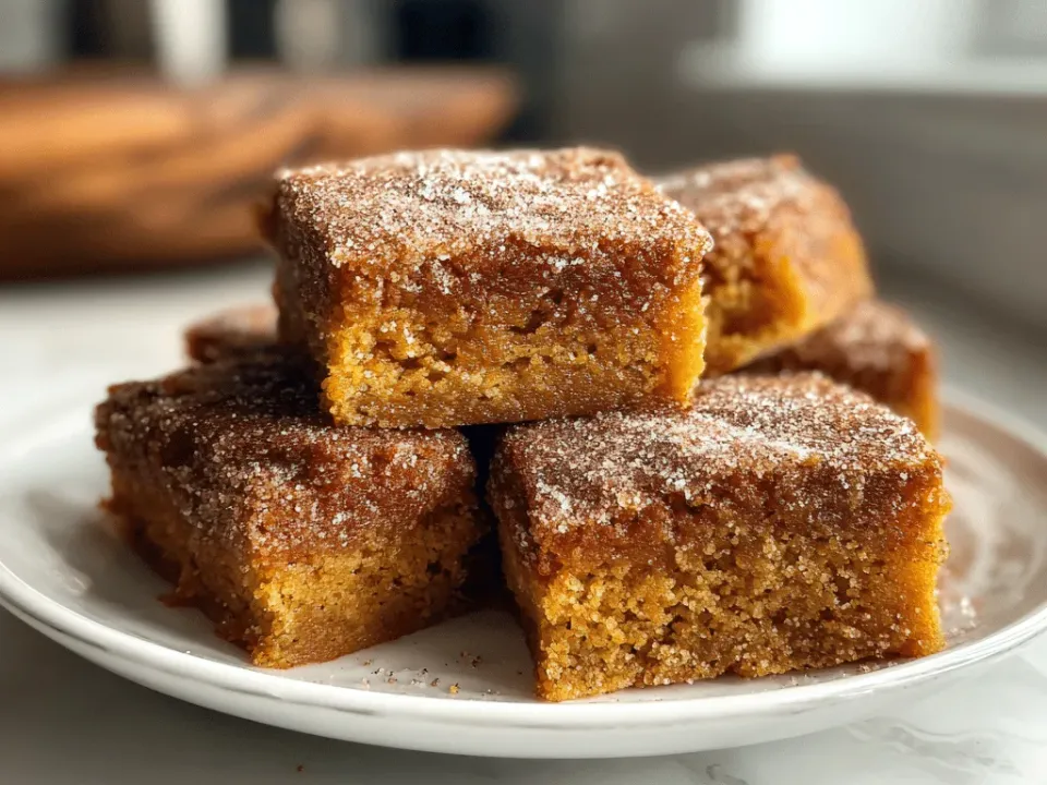 Stacked squares of pumpkin bar with a bare orange crumb and a granulated cinnamon sugar finish across the top